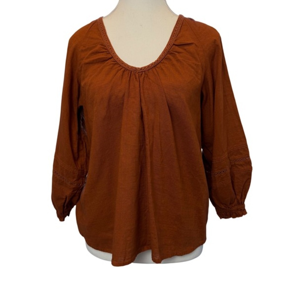 ANA XS Rust Orange Cotton Crochet Lace Peasant Blouse Cottage Boho‎ Folk Earthy